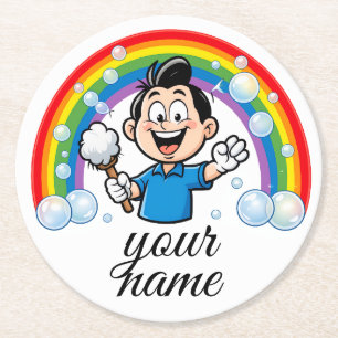 Cute Cleaning Mascot Rainbow Cartoon Design Art Round Paper Coaster