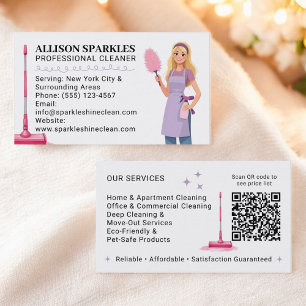 Cute Cleaning Service Maid Illustration Qr Code Business Card