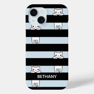 Cute Climbing Cats on Black and Blue Stripes iPhone 15 Case