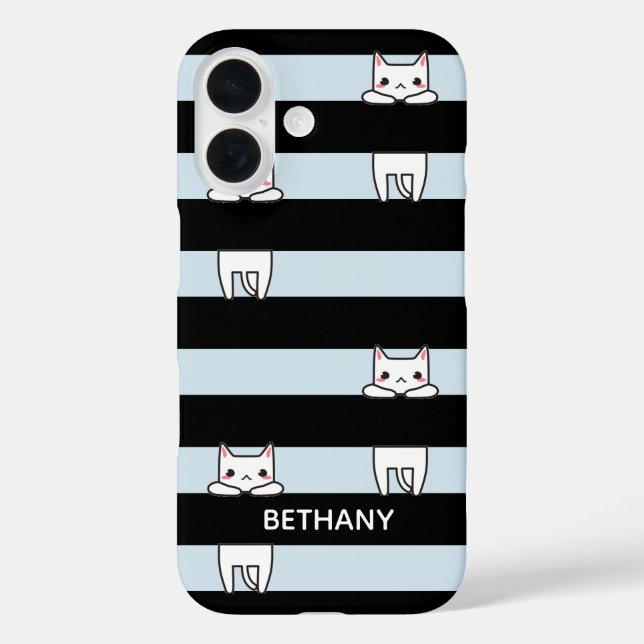 Cute Climbing Cats on Black and Blue Stripes Case-Mate iPhone Case (Back)