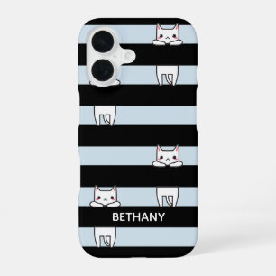 Cute Climbing Cats on Black and Blue Stripes iPhone 16 Case