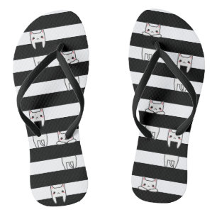 Cute Climbing Cats on Black and White Stripes Flip Flops