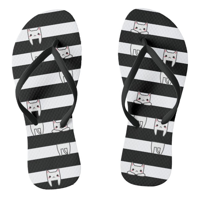 Cute Climbing Cats on Black and White Stripes Flip Flops (Footbed)