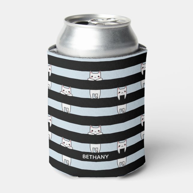 Cute Climbing Cats on Striped Personalised Can Cooler (Can Front)