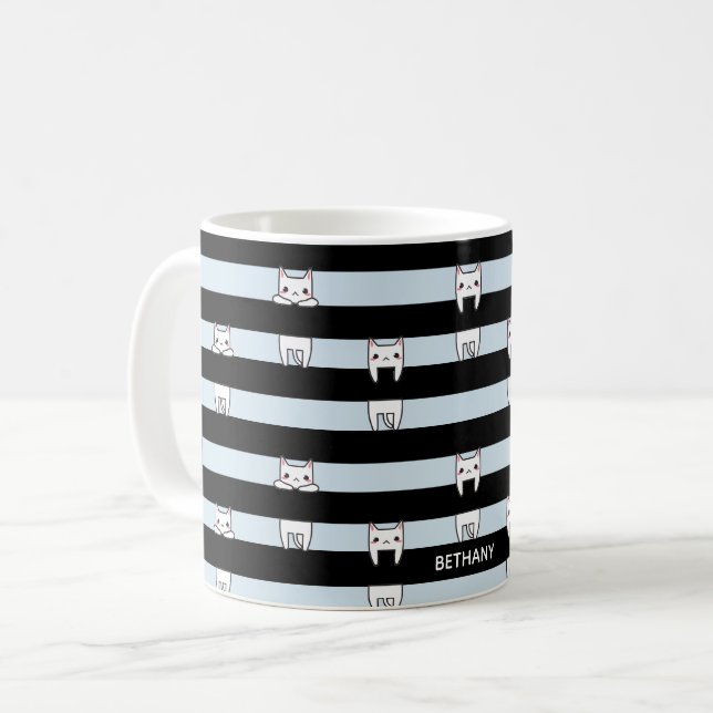 Cute Climbing Cats on Striped Personalised Coffee Mug (Front Left)