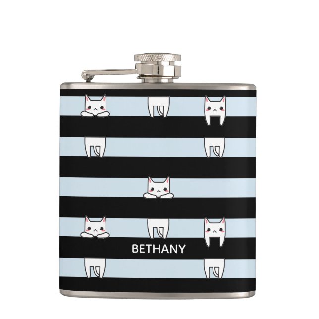 Cute Climbing Cats on Striped Personalised Hip Flask (Front)