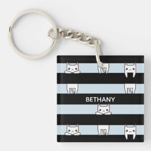 Cute Climbing Cats on Striped Personalised Key Ring