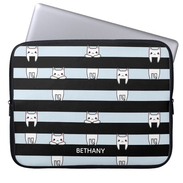 Cute Climbing Cats on Striped Personalised Laptop Sleeve (Front)