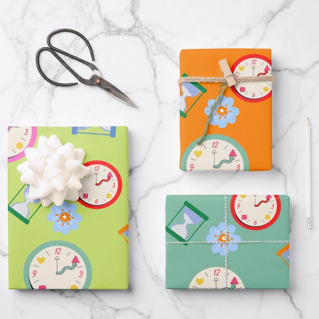 Cute clocks and flowers party  wrapping paper sheet (Creator Uploaded)