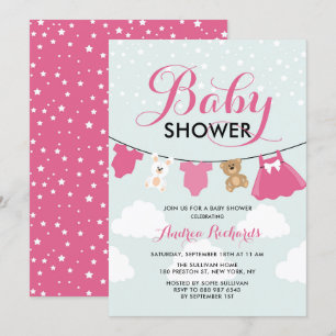 Cute Clothes Line Pink It's a Girl Baby Shower Invitation
