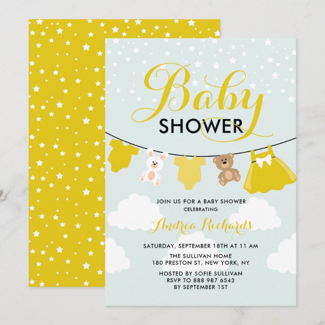 Cute Clothes Line Yellow It's a Girl Baby Shower Invitation (Front/Back)