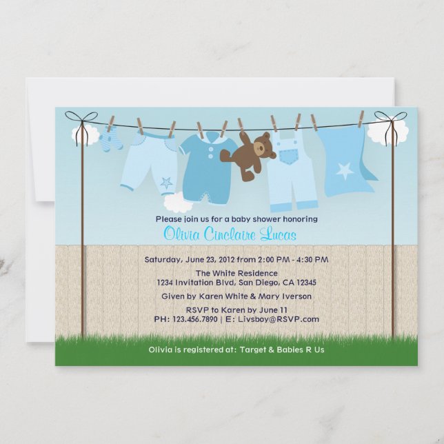 Cute Clothesline Baby Boy Modern Baby Shower Invitation (Front)