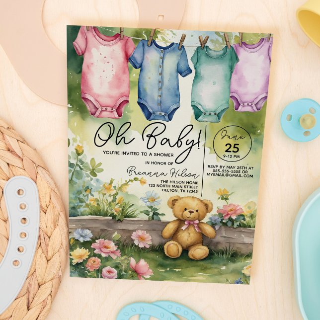 Cute Clothesline Bodysuits Watercolor Baby Shower Invitation (Creator Uploaded)