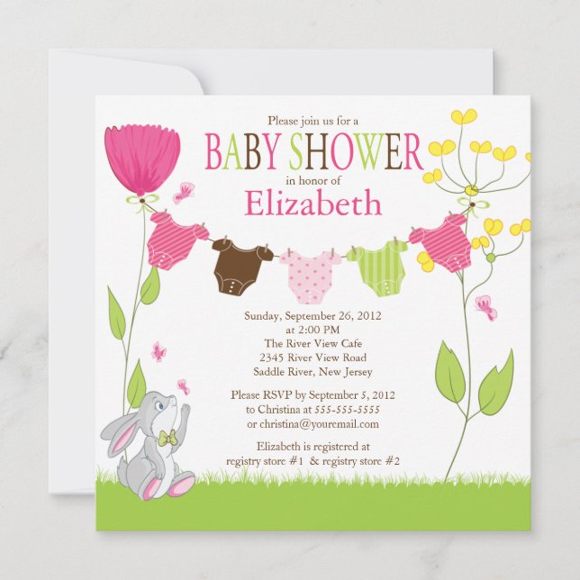Cute Clothesline Girl Baby Shower Invitations (Front)