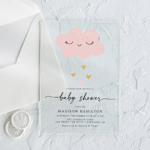 Cute Cloud and Hearts Pink and Gold Baby Shower Acrylic Invitations