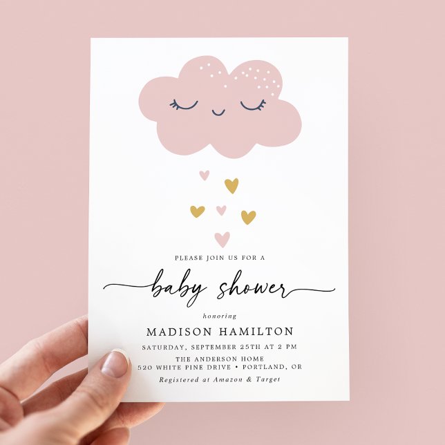Cute Cloud and Hearts Pink and Gold Baby Shower Invitation (Creator Uploaded)