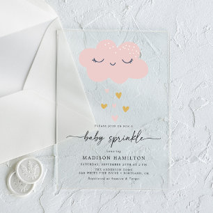Cute Cloud and Hearts Pink and Gold Baby Sprinkle Acrylic Invitations