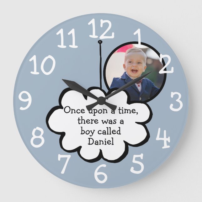 Cute Cloud on a String Personalised Photo Blue Large Clock (Front)