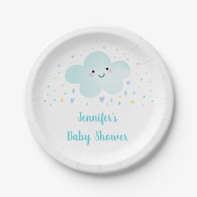 Cute Cloud Stars Blue Baby Sprinkle Paper Plate (Front)