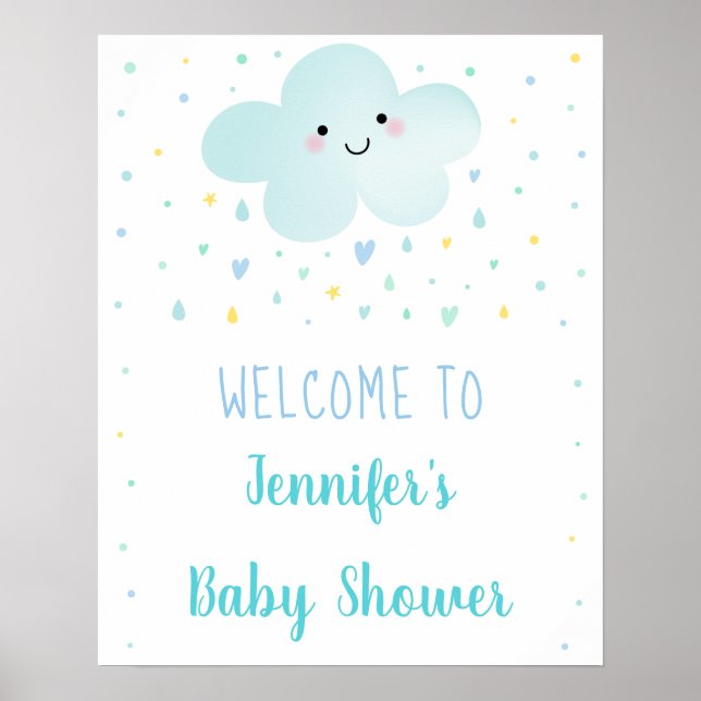 Cute Cloud Stars Blue Baby Sprinkle Welcome Poster (Front)