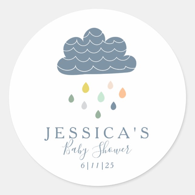 Cute Clouds and Raindrops in Blue Baby Shower   Classic Round Sticker (Front)