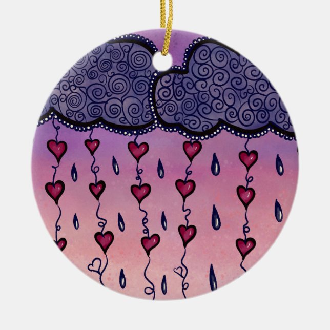 Cute clouds, hearts and raindrops ceramic tree decoration (Front)