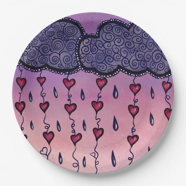 Cute clouds, hearts and raindrops paper plate (Front)