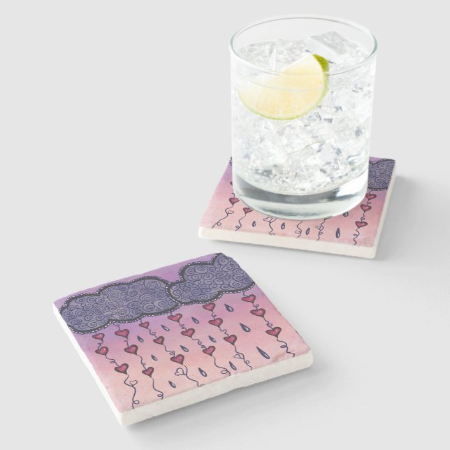 Cute clouds, hearts and raindrops stone coaster (Side)