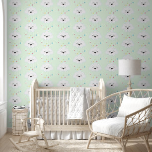 Cute Clouds w. Rainbow Stars Pastel Green Nursery Wallpaper