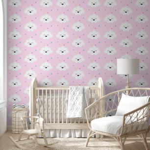 Cute Clouds w. Rainbow Stars Pastel Pink Nursery Wallpaper