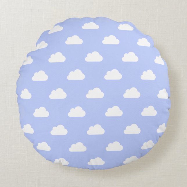 Cute Clouds White on Blue Round Cushion (Front)