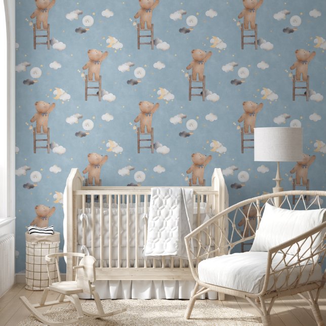Cute Cloudy Blue Teddy Bear Reaching Stars Nursery Wallpaper (Kids)