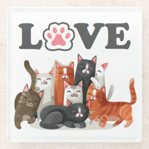 Cute Clowder of Cats Illustration with LOVE Glass Coaster