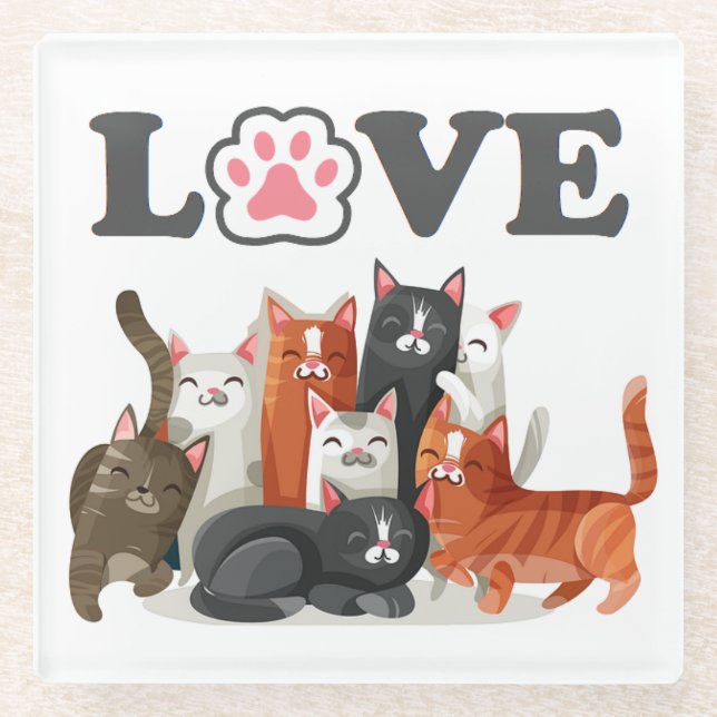 Cute Clowder of Cats Illustration with LOVE Glass Coaster (Front)
