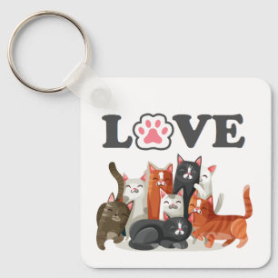Cute Clowder of Cats Illustration with LOVE Key Ring