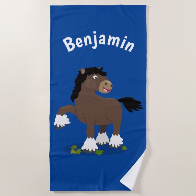 Cute Clydesdale draught horse cartoon illustration Beach Towel (Front)