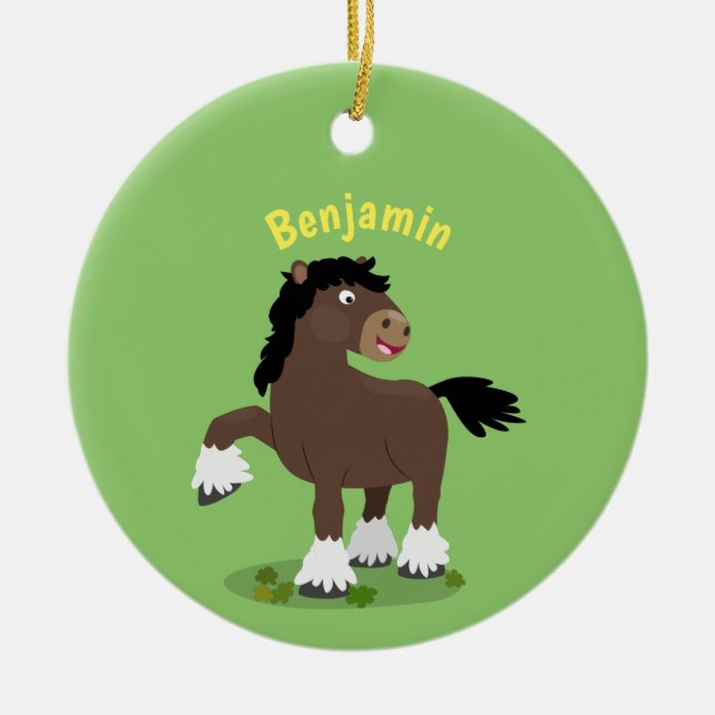 Cute Clydesdale draught horse cartoon illustration Ceramic Tree Decoration (Front)