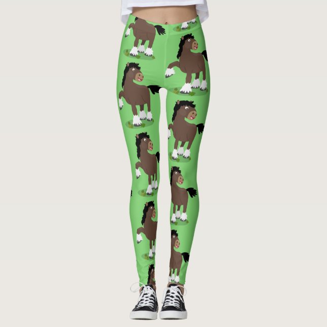 Cute Clydesdale draught horse cartoon illustration Leggings (Front)