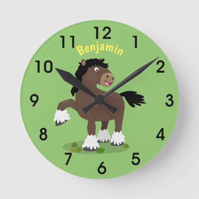Cute Clydesdale draught horse cartoon illustration Round Clock (Front)