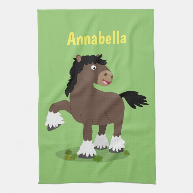 Cute Clydesdale draught horse cartoon illustration Tea Towel (Vertical)