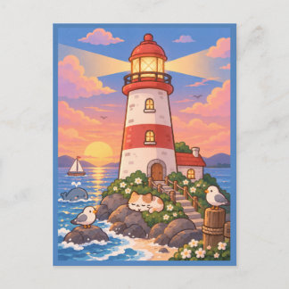 Cute Coastal Lighthouse Sunset Postcard