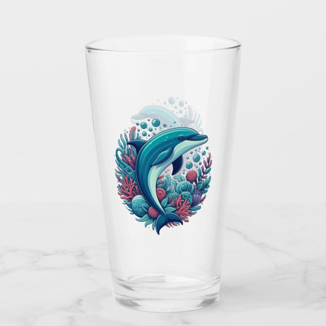 Cute, coastal/nautical dolphin  glass (Front)
