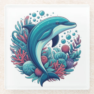 Cute, coastal/nautical dolphin glass coaster