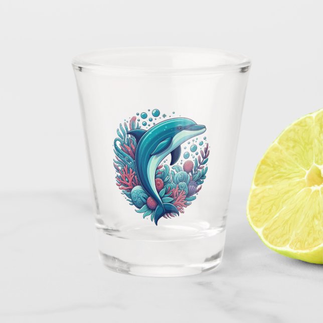 Cute, coastal/nautical dolphin  shot glass (Front)