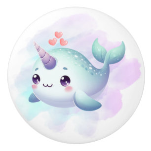 Cute/coastal/nautical narwhal ceramic knob
