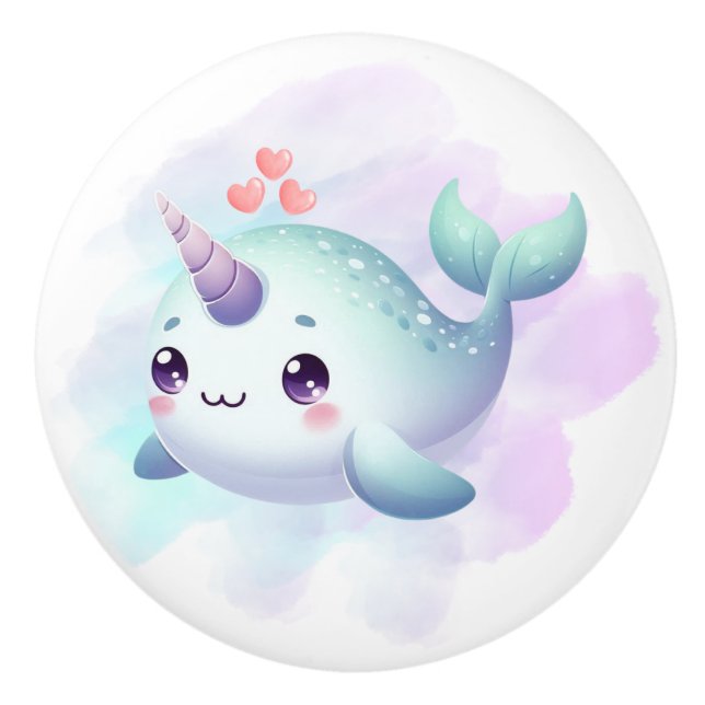 Cute/coastal/nautical narwhal  ceramic knob (Front)