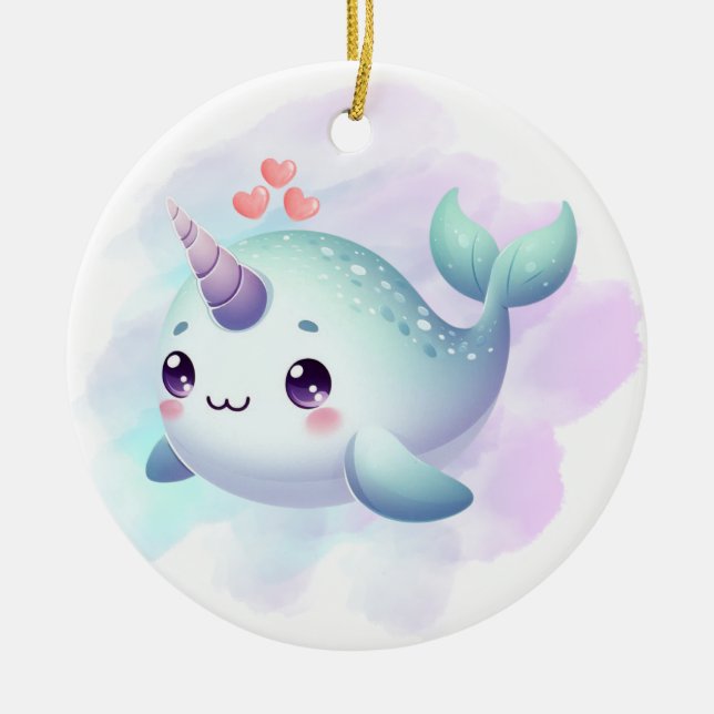 Cute/coastal/nautical narwhal  ceramic tree decoration (Front)