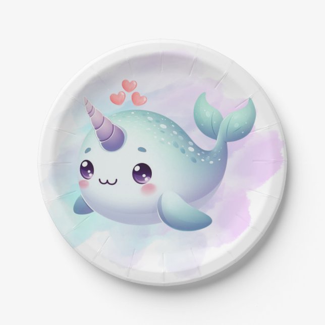 Cute/coastal/nautical narwhal  paper plate (Front)