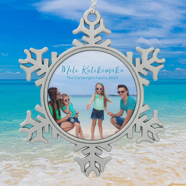 Cute Coastal Photo Beach Family Vacation Keepsake Snowflake Pewter Christmas Ornament (Creator Uploaded)