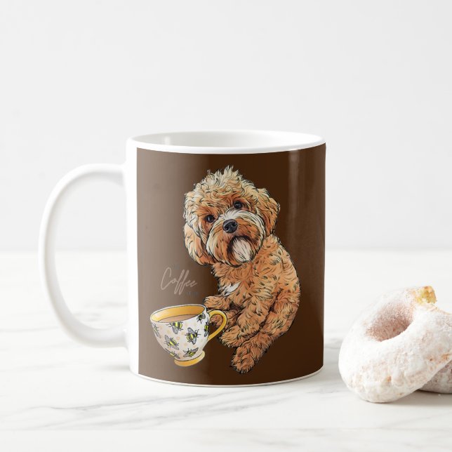 Cute Cockapoo Coffee Bee Funny Dog Art Mug (With Donut)